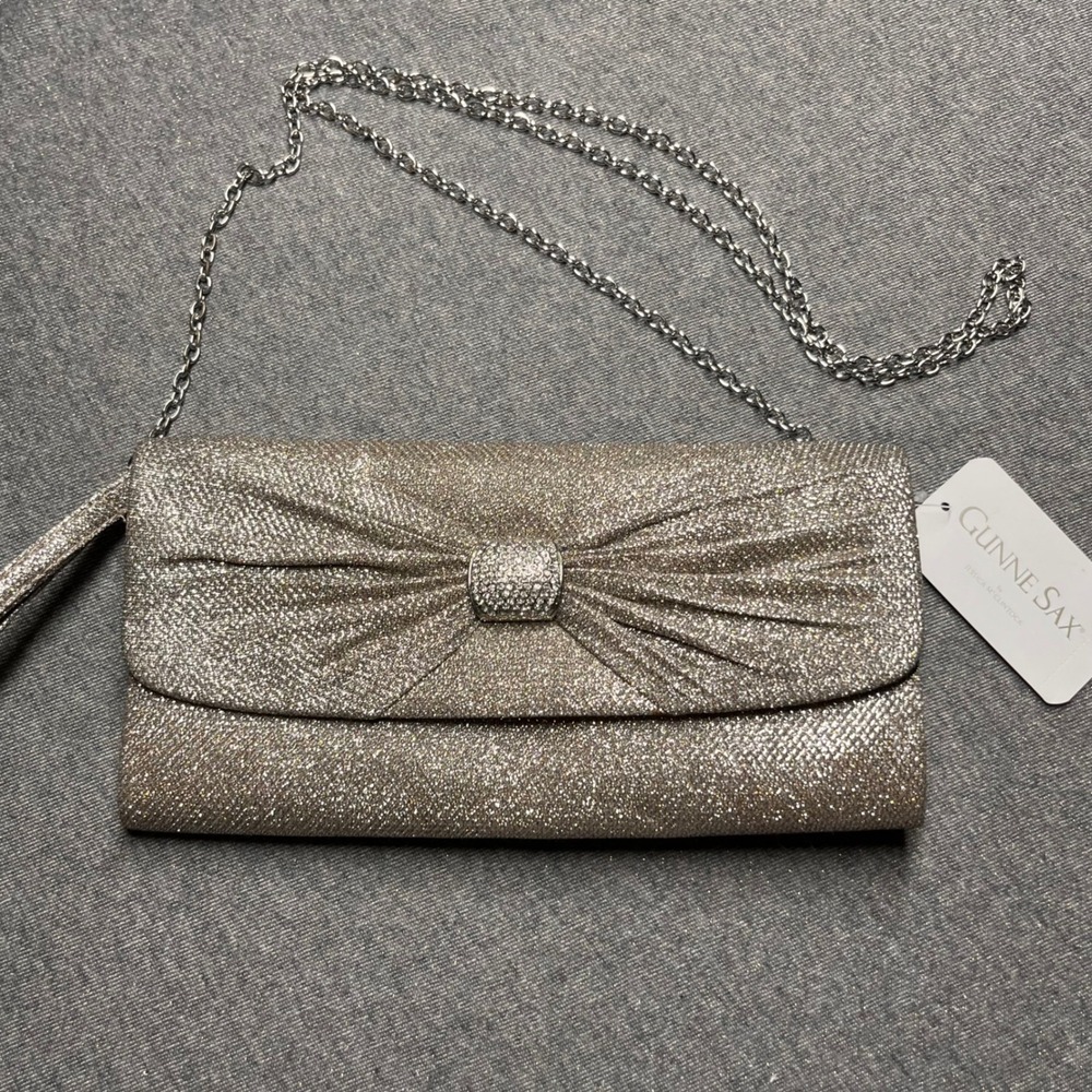 Gunne Sax Peyton Clutch Champagne Glitter Bow Rhinestone Chain Strap Evening Bag